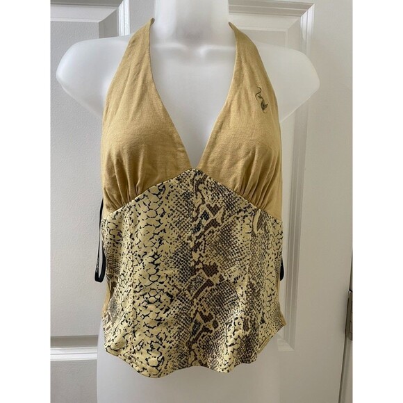 Baby Phat XL Halter Top YELLOW Animal Print V Neck Y2k USA LOGO COQUETTE - Picture 1 of 10